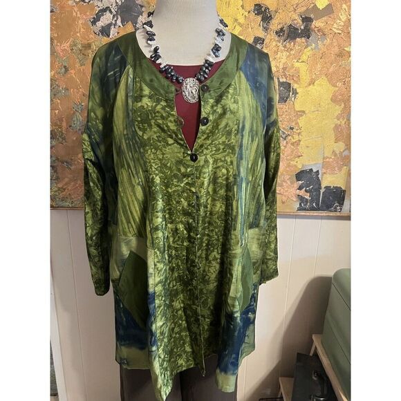Exotica Womens Large Carmel Silky Green Batik Long Sleeved Kimono Jacket Pockets - Picture 1 of 8